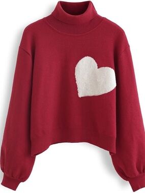 Chicwish Red Heart Mock-Neck Women's Sweater EUC
